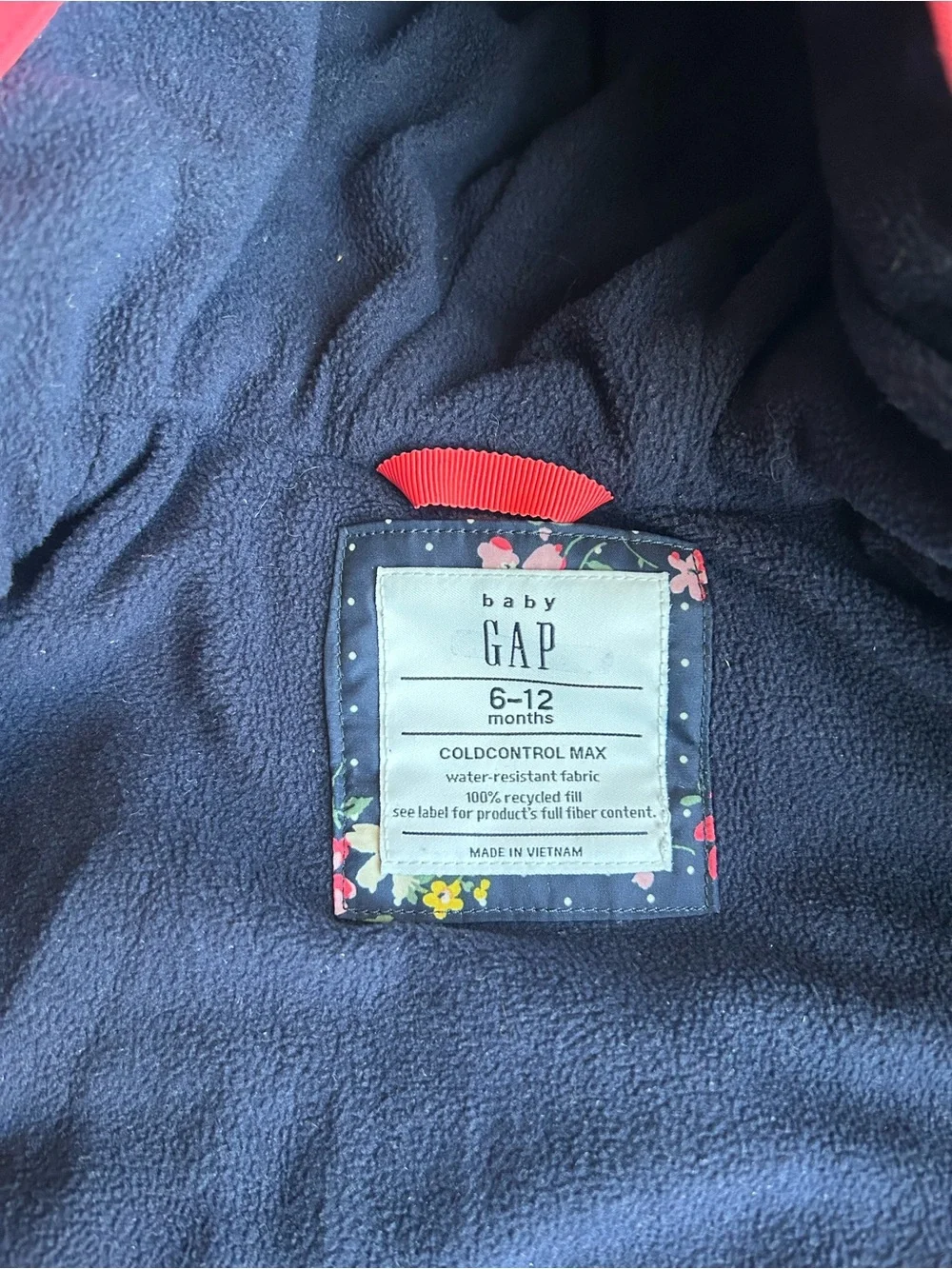 GAP Navy Floral Puffer Jacket with Pink Trim and Hood, 6-12 months